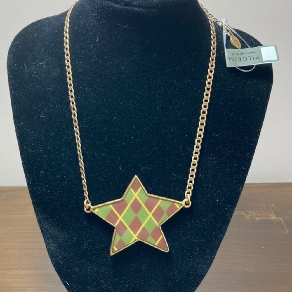 Pilgrim Gold Star Pendant Necklace with Green and Brown Pattern